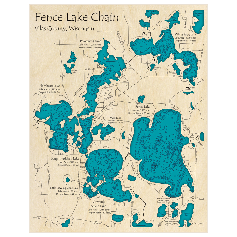 Bathymetric topo map of Fence Lake Chain with roads, towns and depths noted in blue water
