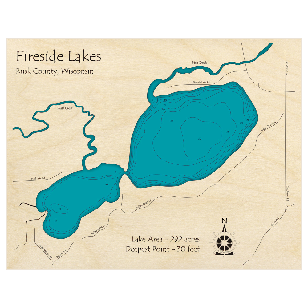 Bathymetric topo map of Fireside Lakes with roads, towns and depths noted in blue water
