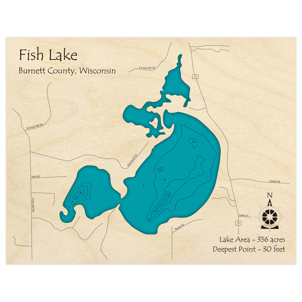 Bathymetric topo map of Fish Lake with roads, towns and depths noted in blue water
