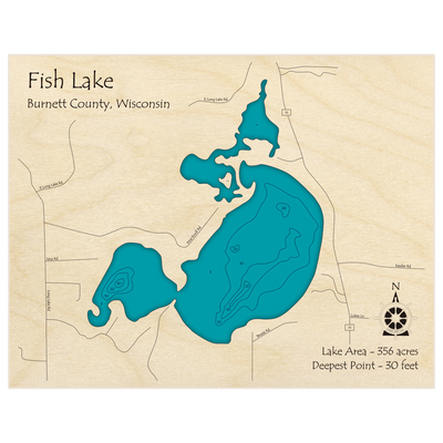 Bathymetric topo map of Fish Lake with roads, towns and depths noted in blue water