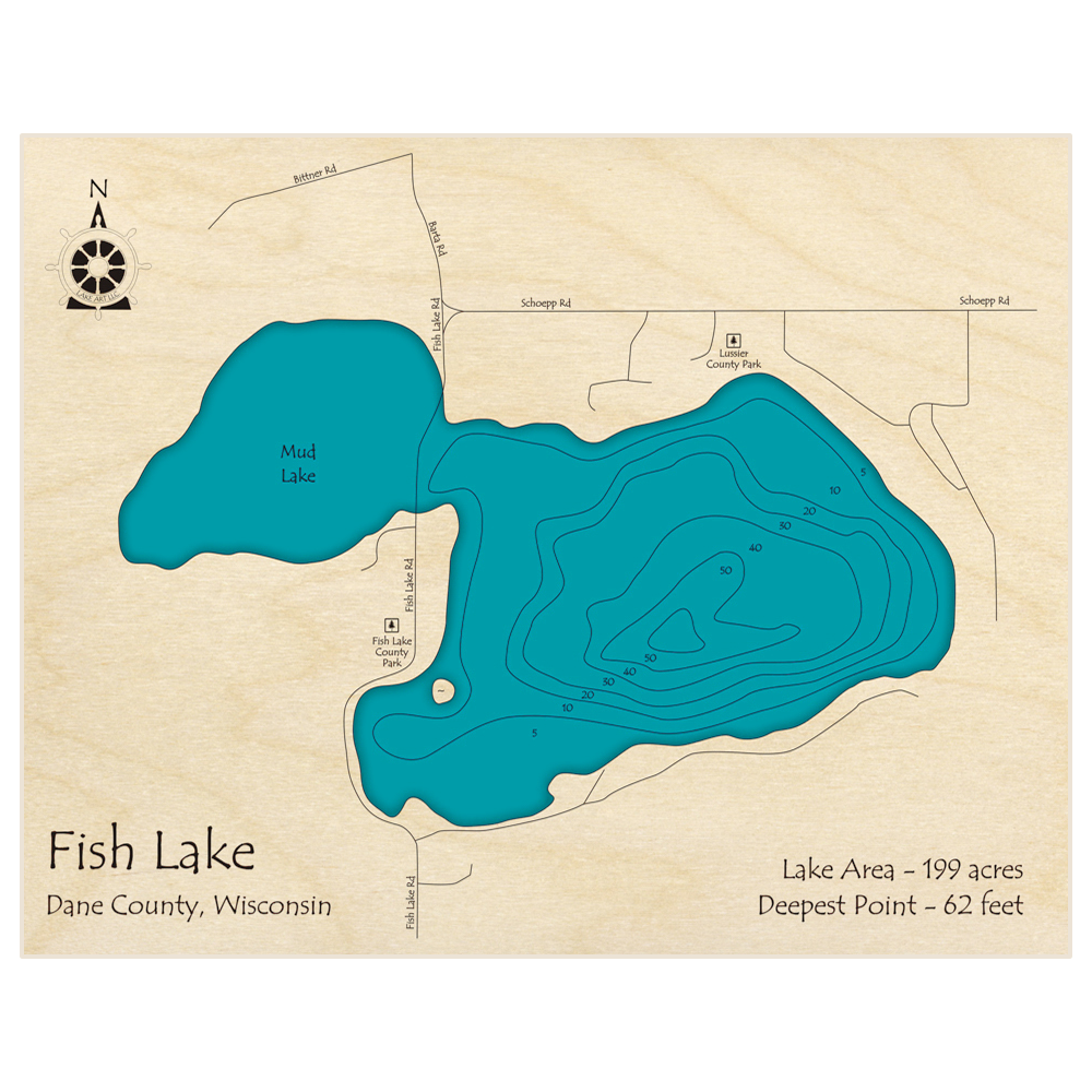 Bathymetric topo map of Fish Lake with roads, towns and depths noted in blue water