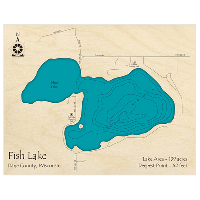 Bathymetric topo map of Fish Lake with roads, towns and depths noted in blue water