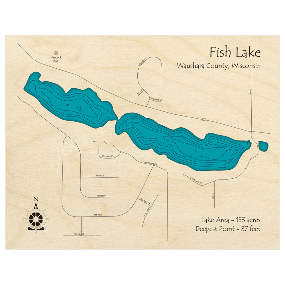 Bathymetric topo map of Fish Lake with roads, towns and depths noted in blue water