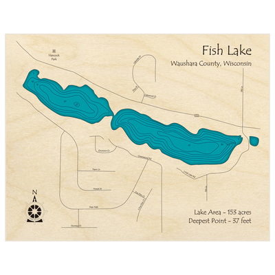 Bathymetric topo map of Fish Lake with roads, towns and depths noted in blue water