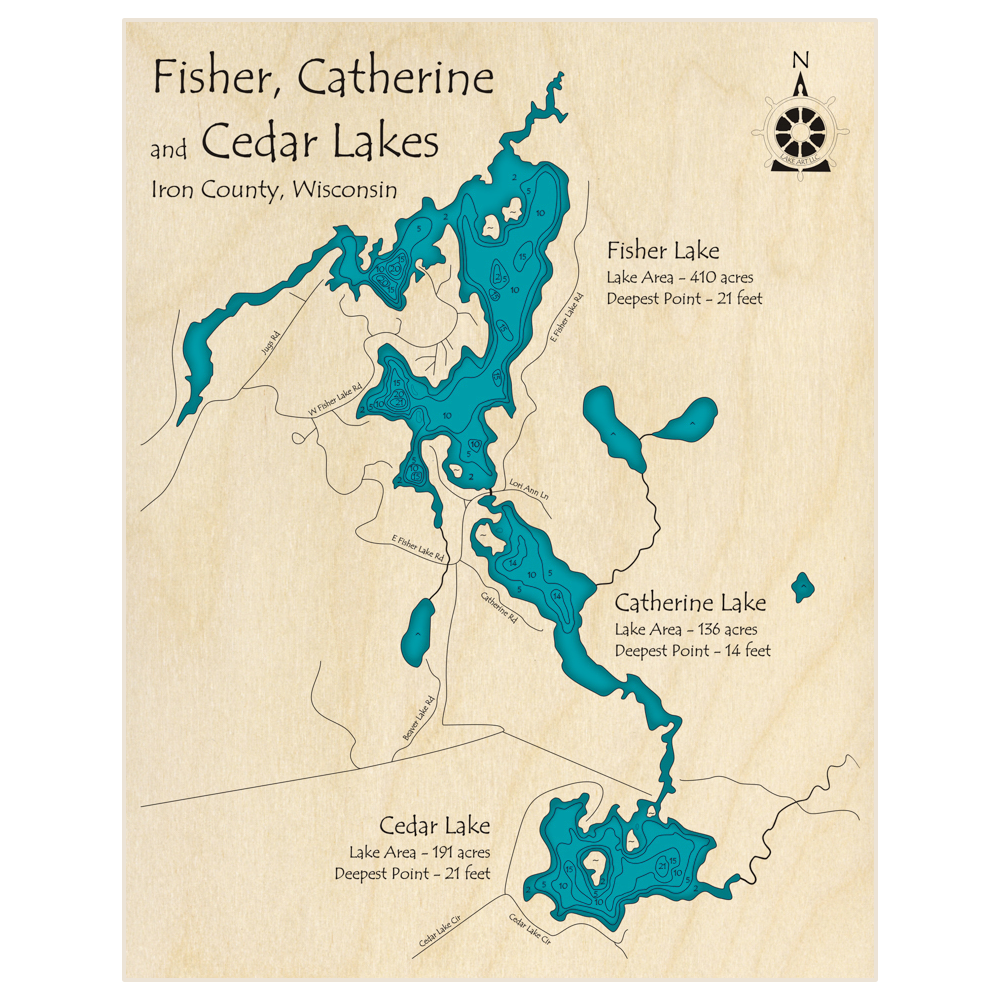 Bathymetric topo map of Fisher Lake with Catherine and Cedar Lakes with roads, towns and depths noted in blue water