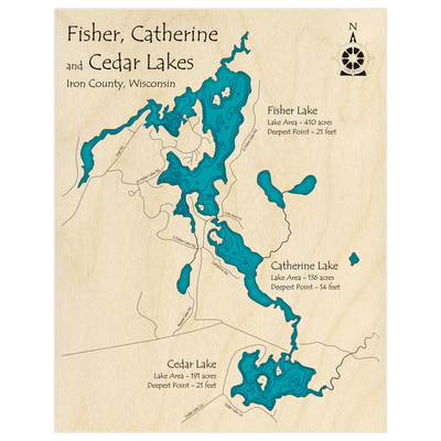 Bathymetric topo map of Fisher Lake with Catherine and Cedar Lakes with roads, towns and depths noted in blue water