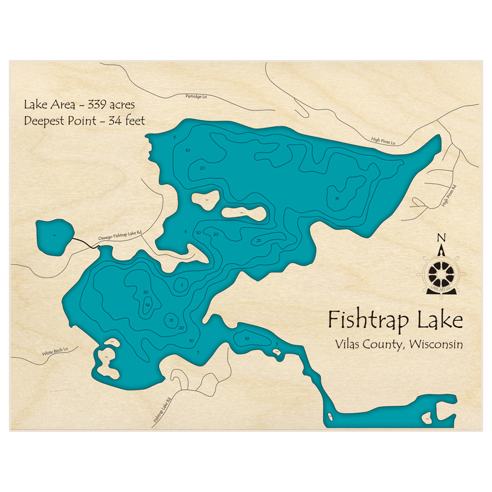 Bathymetric topo map of Fishtrap Lake with roads, towns and depths noted in blue water