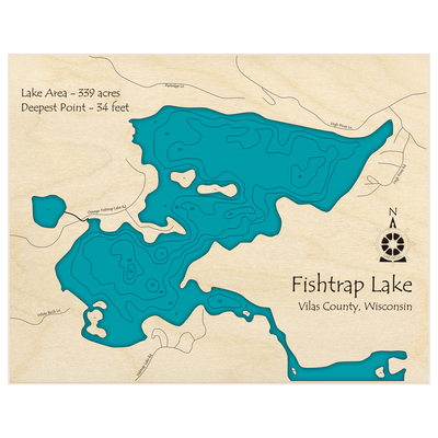 Bathymetric topo map of Fishtrap Lake with roads, towns and depths noted in blue water