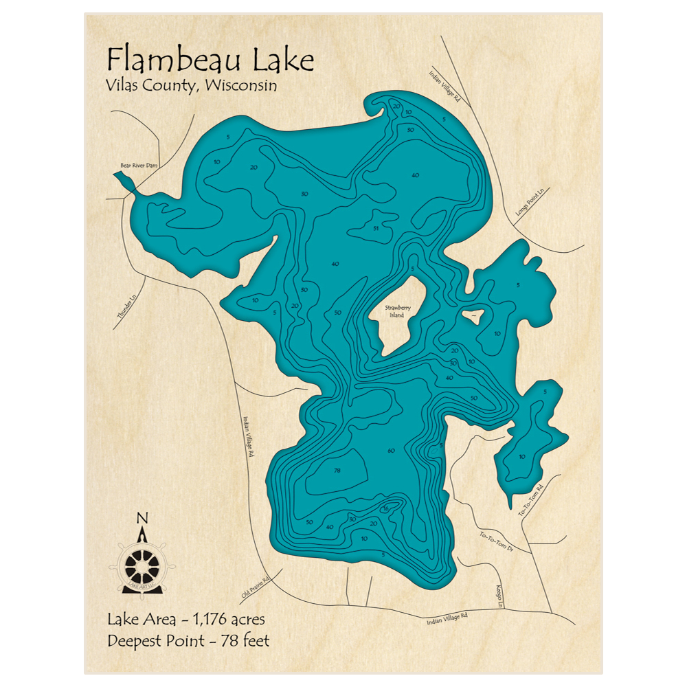 Bathymetric topo map of Flambeau Lake with roads, towns and depths noted in blue water