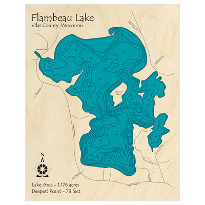 Bathymetric topo map of Flambeau Lake with roads, towns and depths noted in blue water