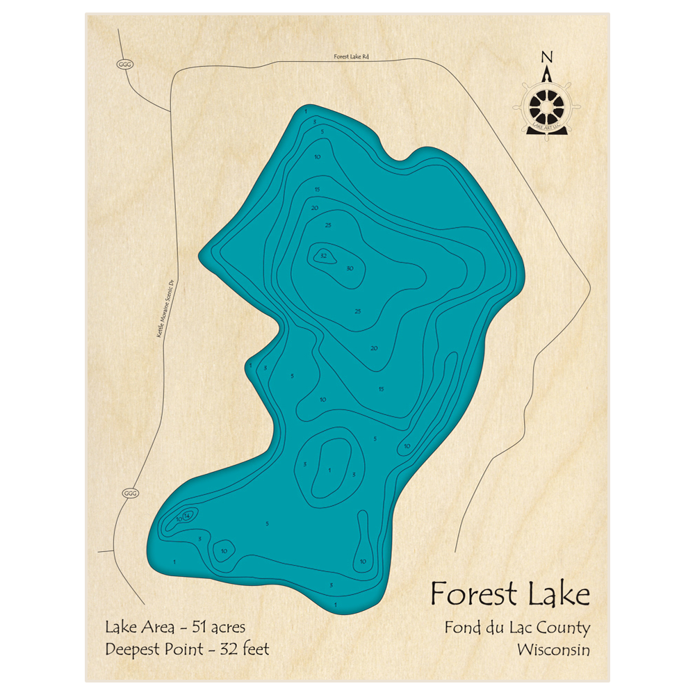 Bathymetric topo map of Forest Lake with roads, towns and depths noted in blue water
