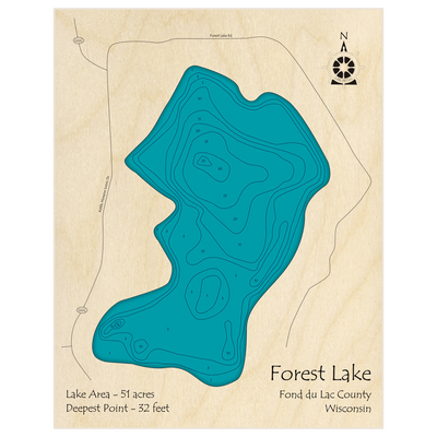 Bathymetric topo map of Forest Lake with roads, towns and depths noted in blue water