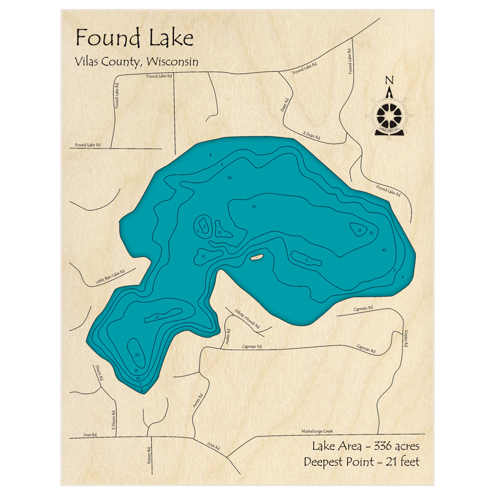 Bathymetric topo map of Found Lake with roads, towns and depths noted in blue water