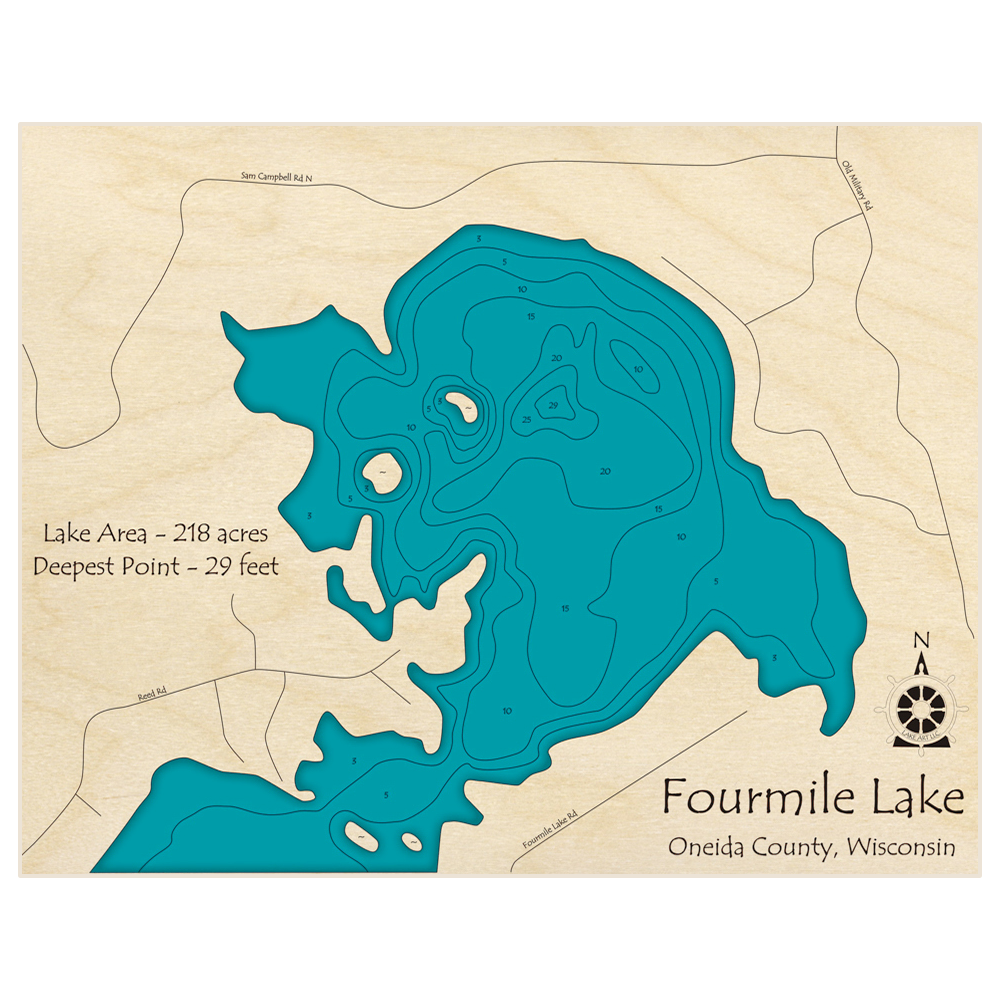 Bathymetric topo map of Fourmile Lake with roads, towns and depths noted in blue water