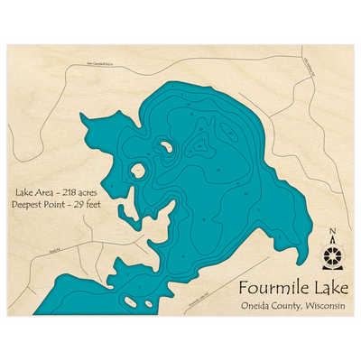 Bathymetric topo map of Fourmile Lake with roads, towns and depths noted in blue water