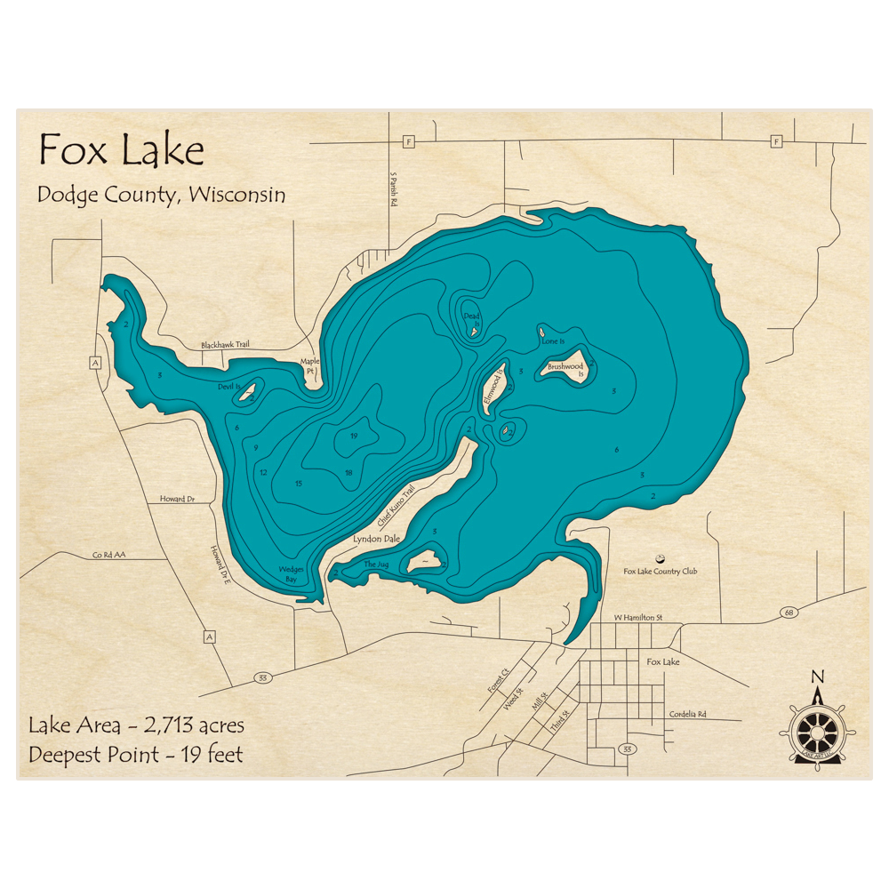 Bathymetric topo map of Fox Lake with roads, towns and depths noted in blue water