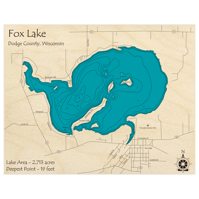 Bathymetric topo map of Fox Lake with roads, towns and depths noted in blue water