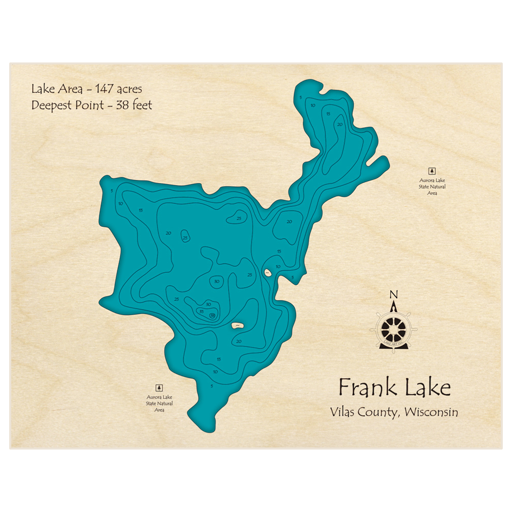 Bathymetric topo map of Frank Lake with roads, towns and depths noted in blue water