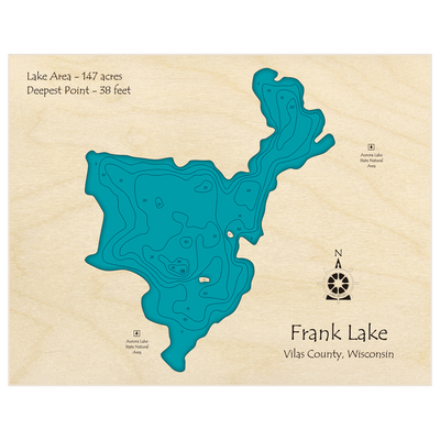 Bathymetric topo map of Frank Lake with roads, towns and depths noted in blue water