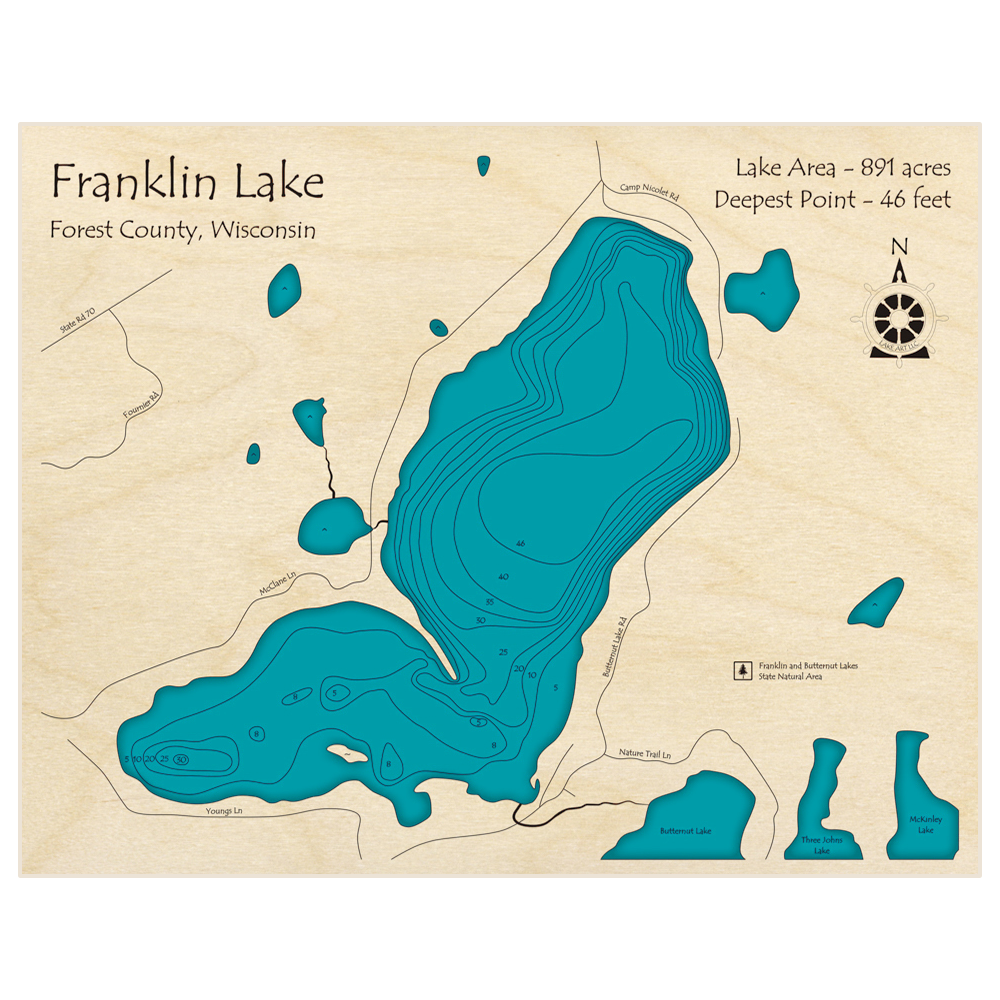 Bathymetric topo map of Franklin Lake with roads, towns and depths noted in blue water
