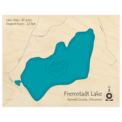 Bathymetric topo map of Fremstadt Lake with roads, towns and depths noted in blue water