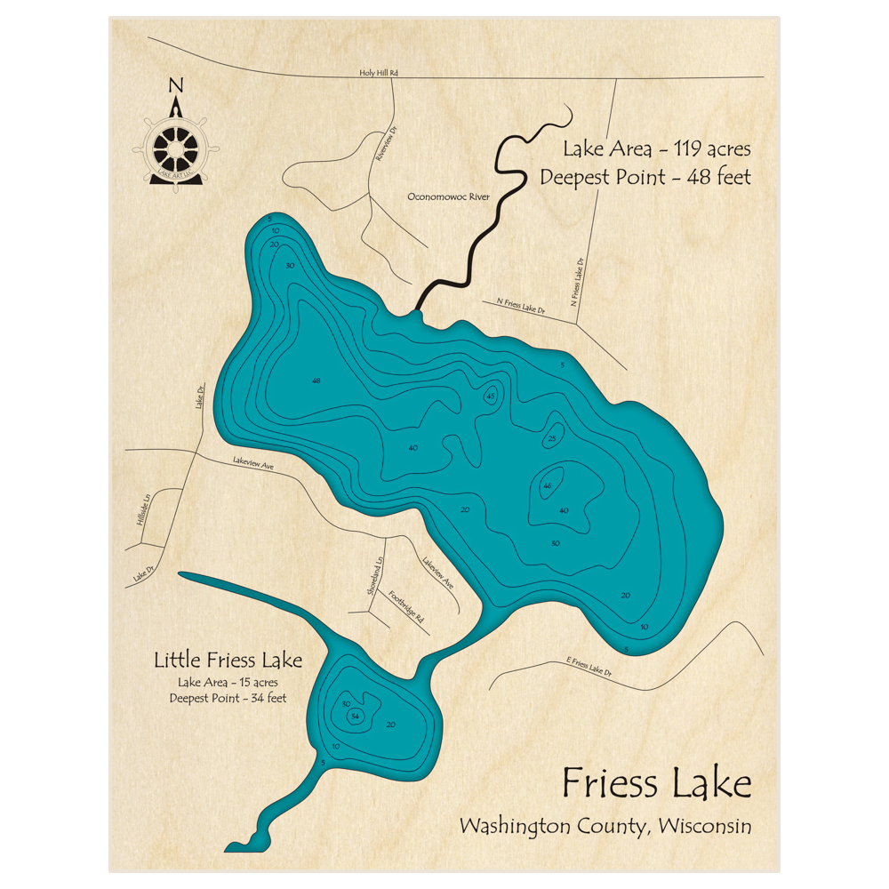 Bathymetric topo map of Friess Lake (With Little Friess Lake) with roads, towns and depths noted in blue water