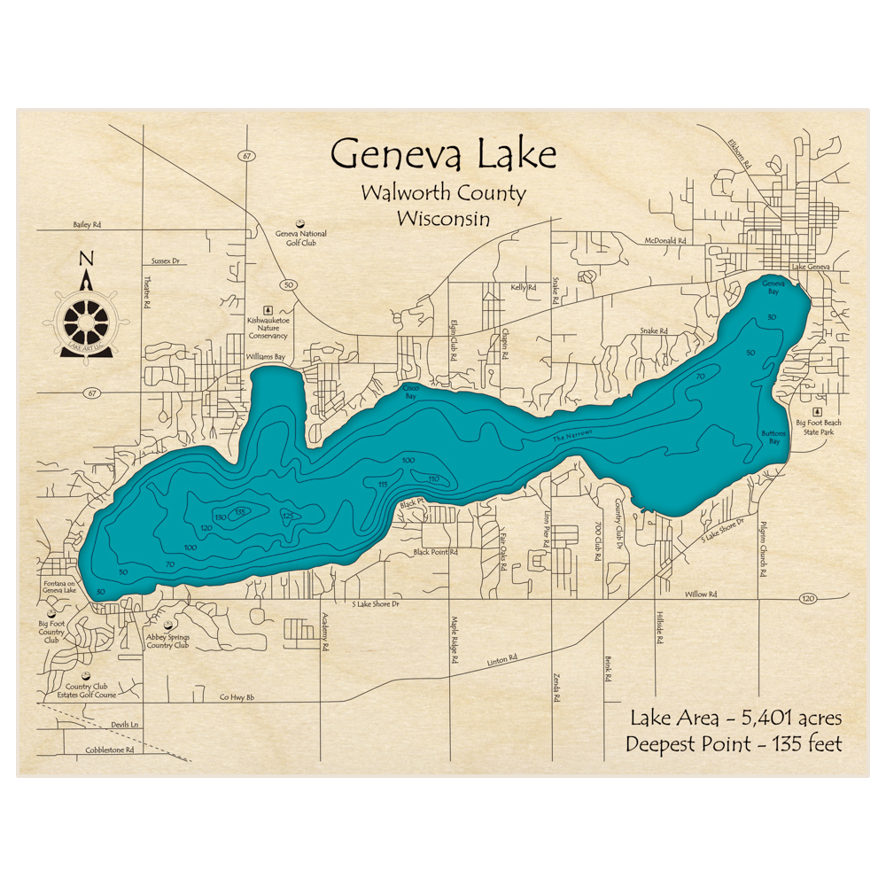 Bathymetric topo map of Geneva Lake with roads, towns and depths noted in blue water