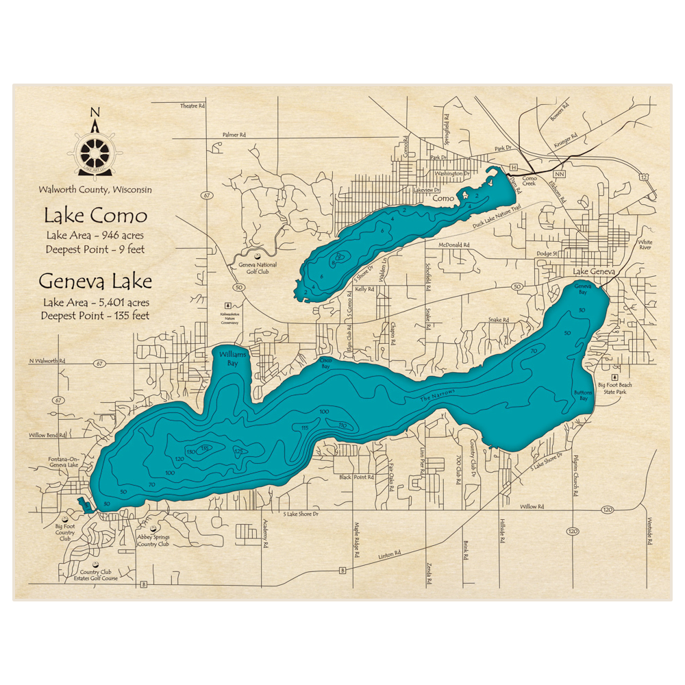 Bathymetric topo map of Lake Como and Geneva Lake with roads, towns and depths noted in blue water