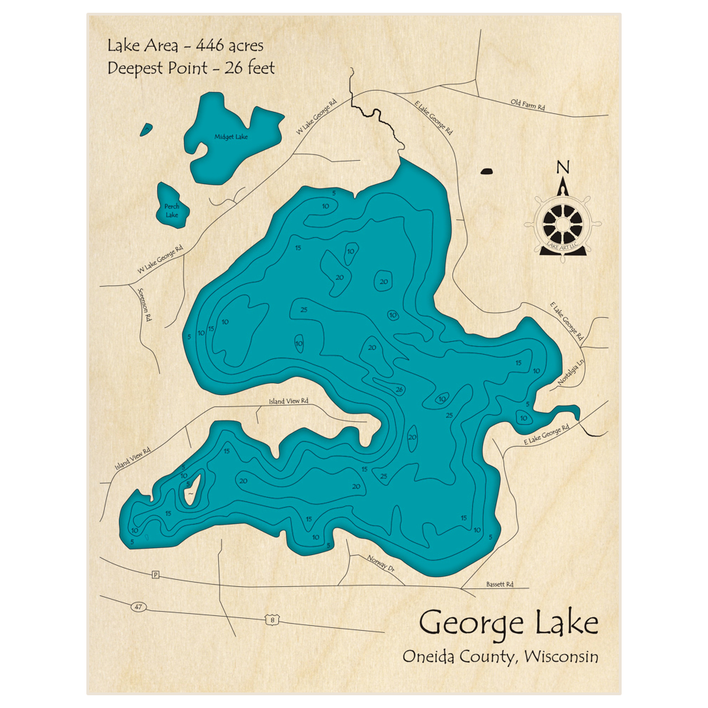 Bathymetric topo map of George Lake with roads, towns and depths noted in blue water