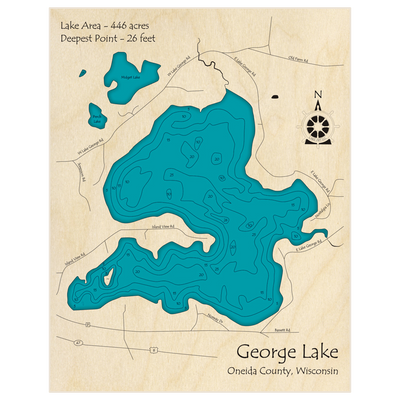 Bathymetric topo map of George Lake with roads, towns and depths noted in blue water