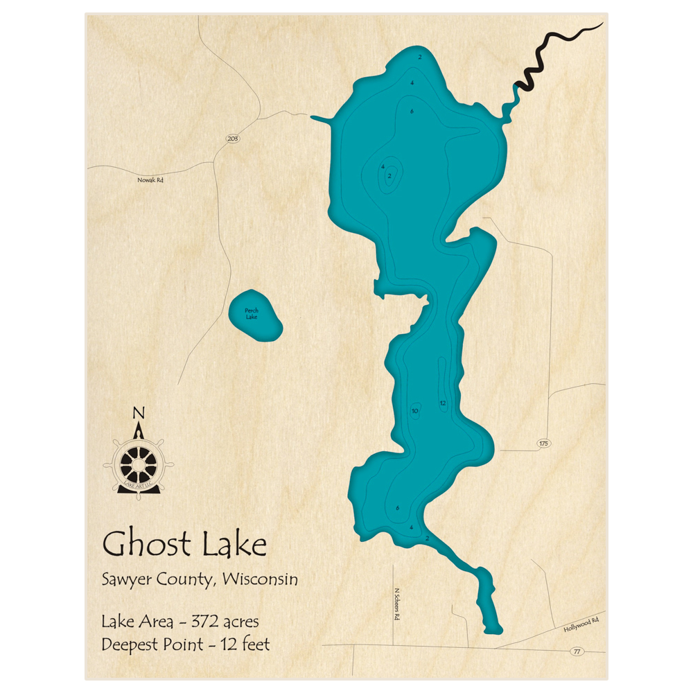 Bathymetric topo map of Ghost Lake with roads, towns and depths noted in blue water