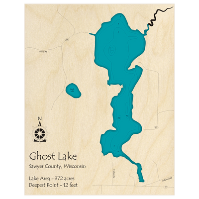 Bathymetric topo map of Ghost Lake with roads, towns and depths noted in blue water