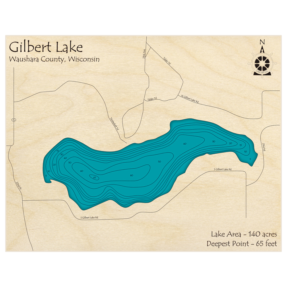 Bathymetric topo map of Gilbert Lake with roads, towns and depths noted in blue water