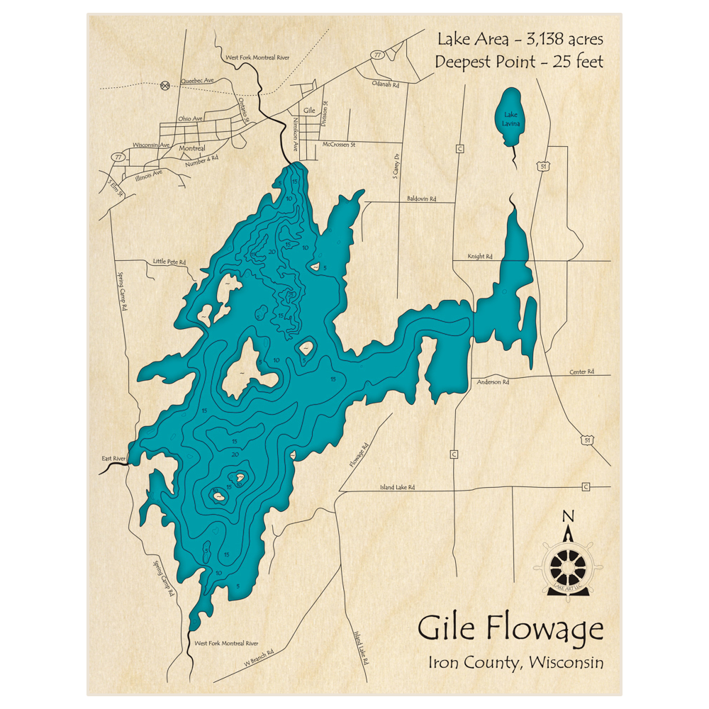 Bathymetric topo map of Gile Flowage with roads, towns and depths noted in blue water