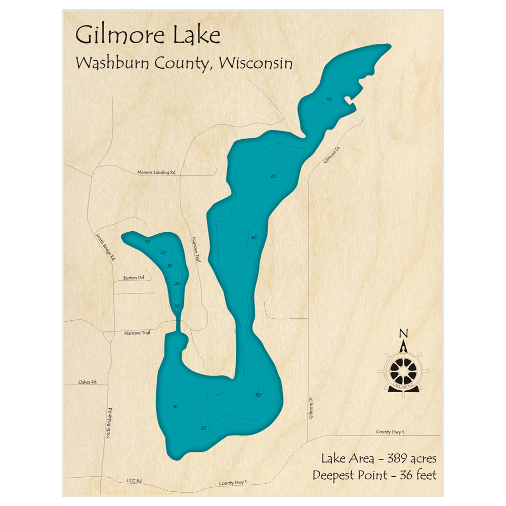 Bathymetric topo map of Gilmore Lake with roads, towns and depths noted in blue water