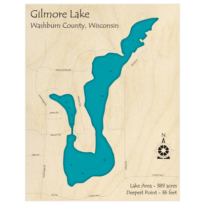 Bathymetric topo map of Gilmore Lake with roads, towns and depths noted in blue water