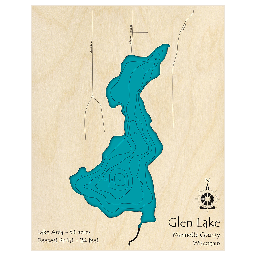 Bathymetric topo map of Glen Lake with roads, towns and depths noted in blue water