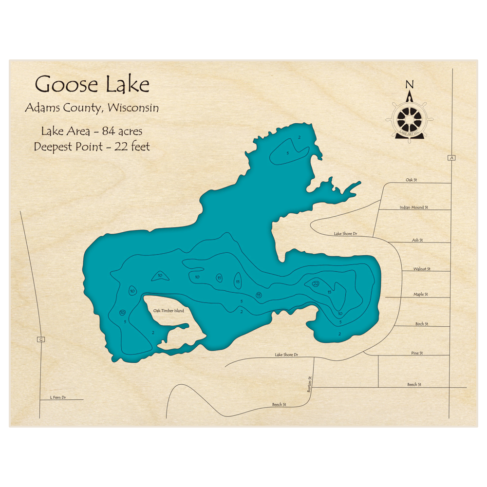 Bathymetric topo map of Goose Lake with roads, towns and depths noted in blue water