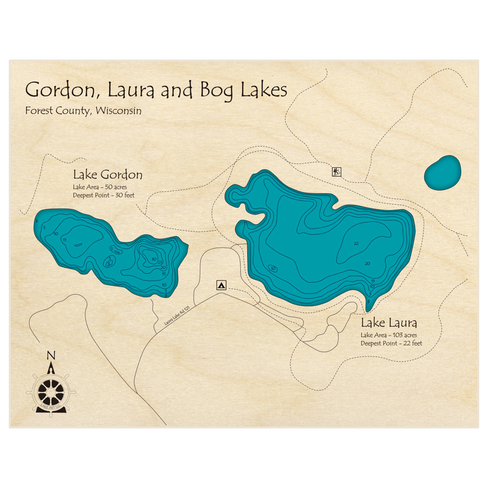 Bathymetric topo map of Gordon Laura and Bog Lakes with roads, towns and depths noted in blue water