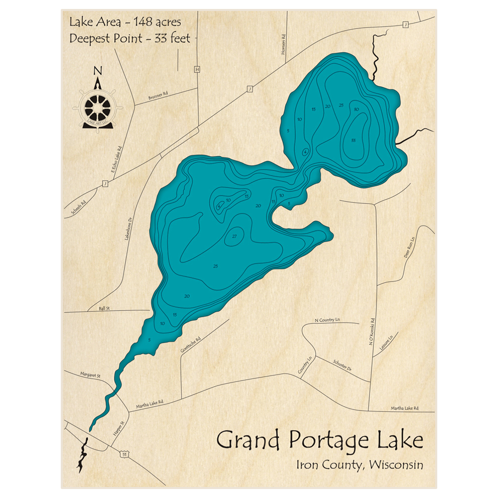 Bathymetric topo map of Grand Portage Lake with roads, towns and depths noted in blue water
