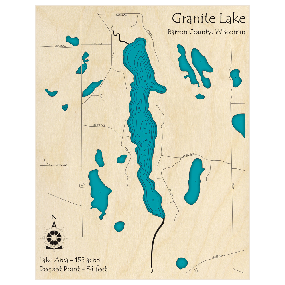 Bathymetric topo map of Granite Lake with roads, towns and depths noted in blue water