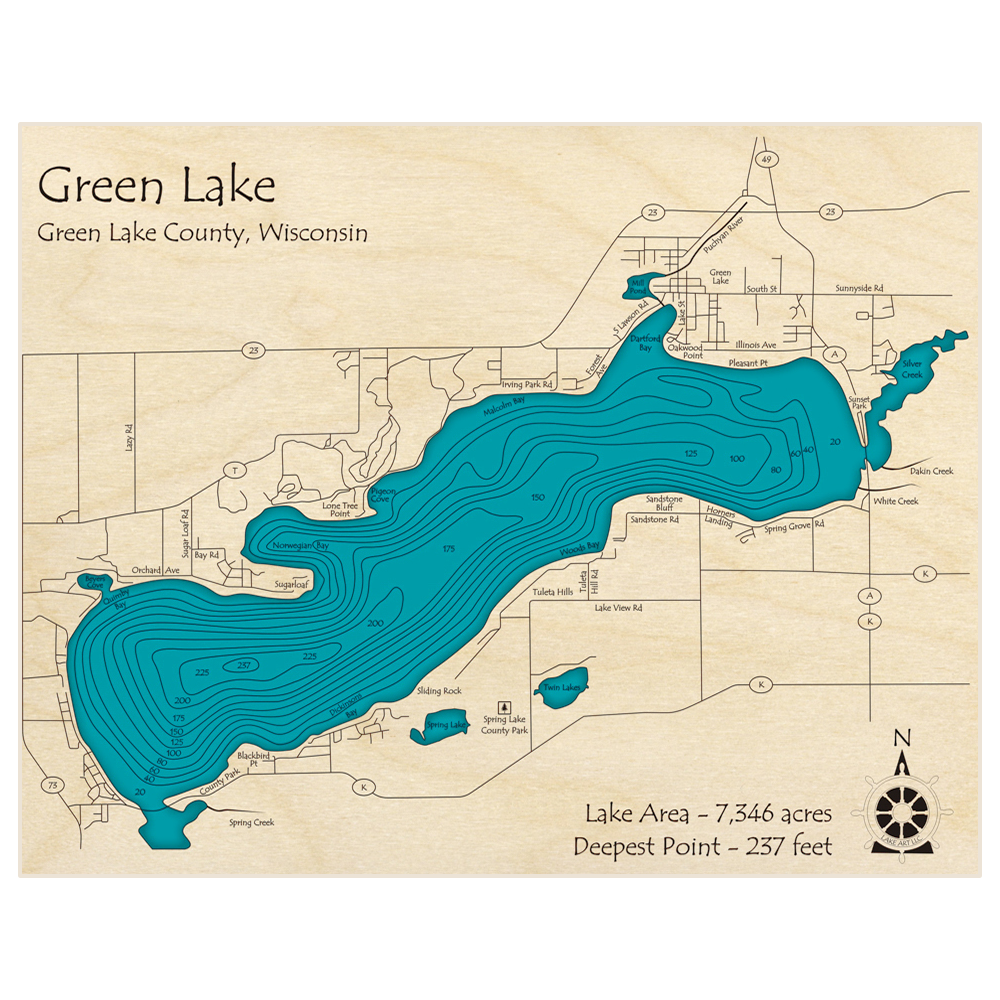 Bathymetric topo map of Green Lake with roads, towns and depths noted in blue water
