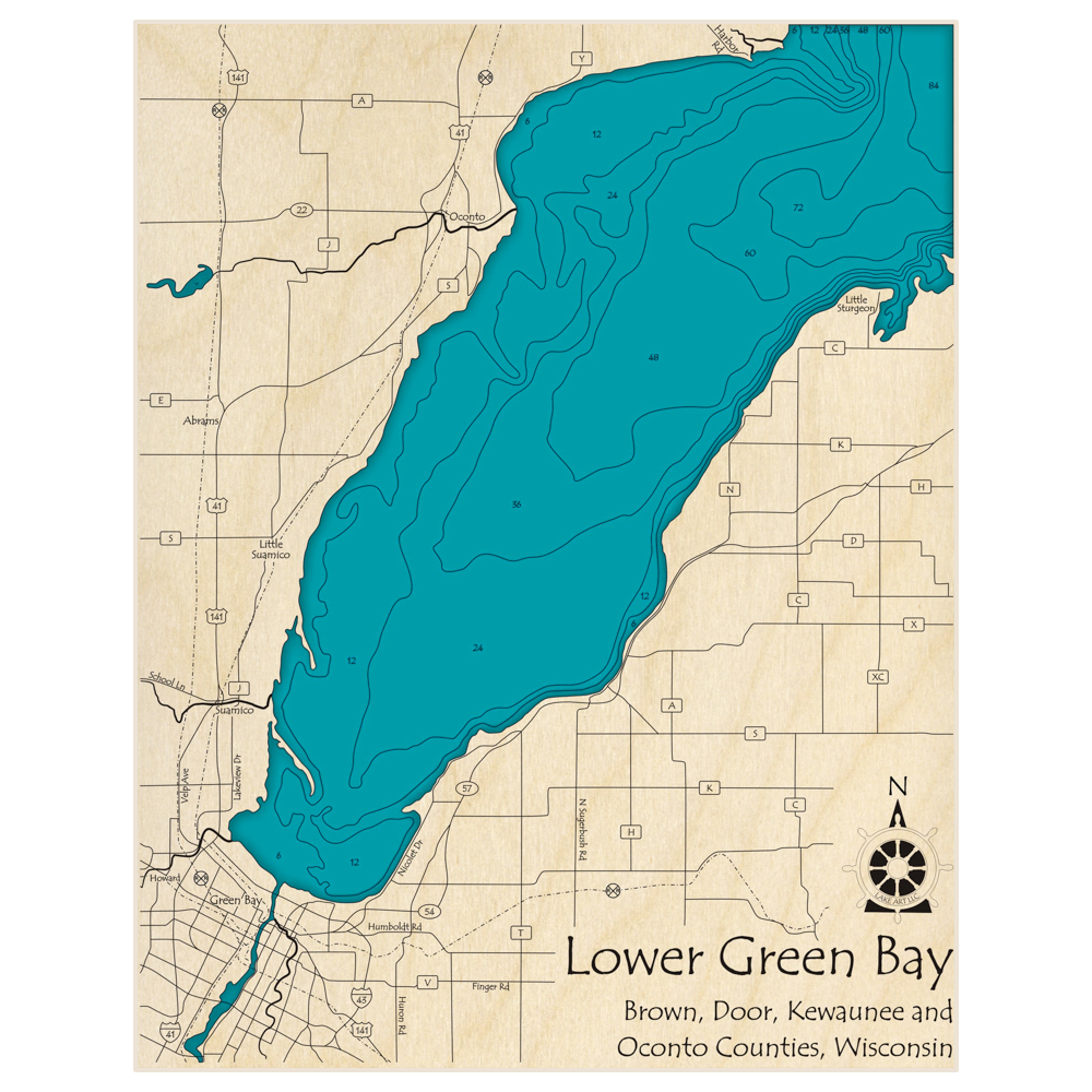 Bathymetric topo map of Lower Green Bay with roads, towns and depths noted in blue water