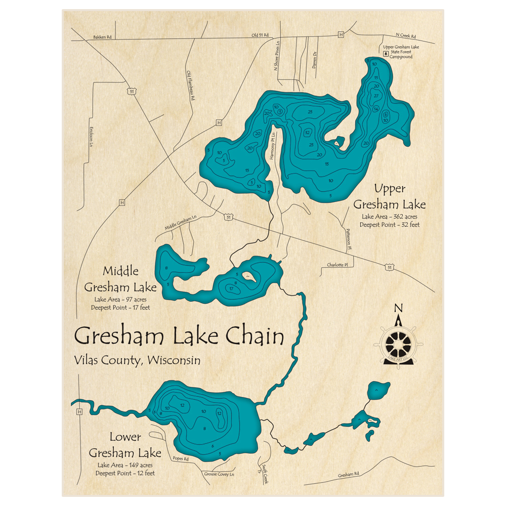 Bathymetric topo map of Gresham Lake Chain with roads, towns and depths noted in blue water
