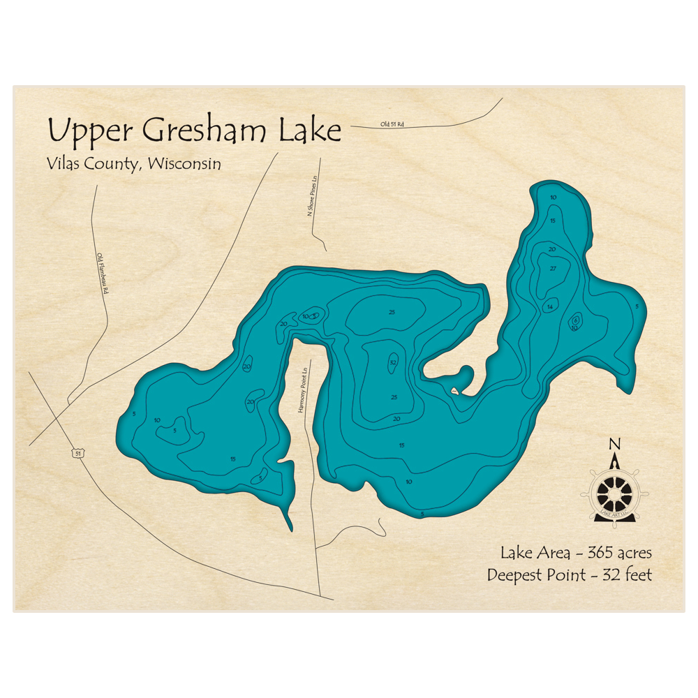Bathymetric topo map of Gresham Lake (Upper) with roads, towns and depths noted in blue water