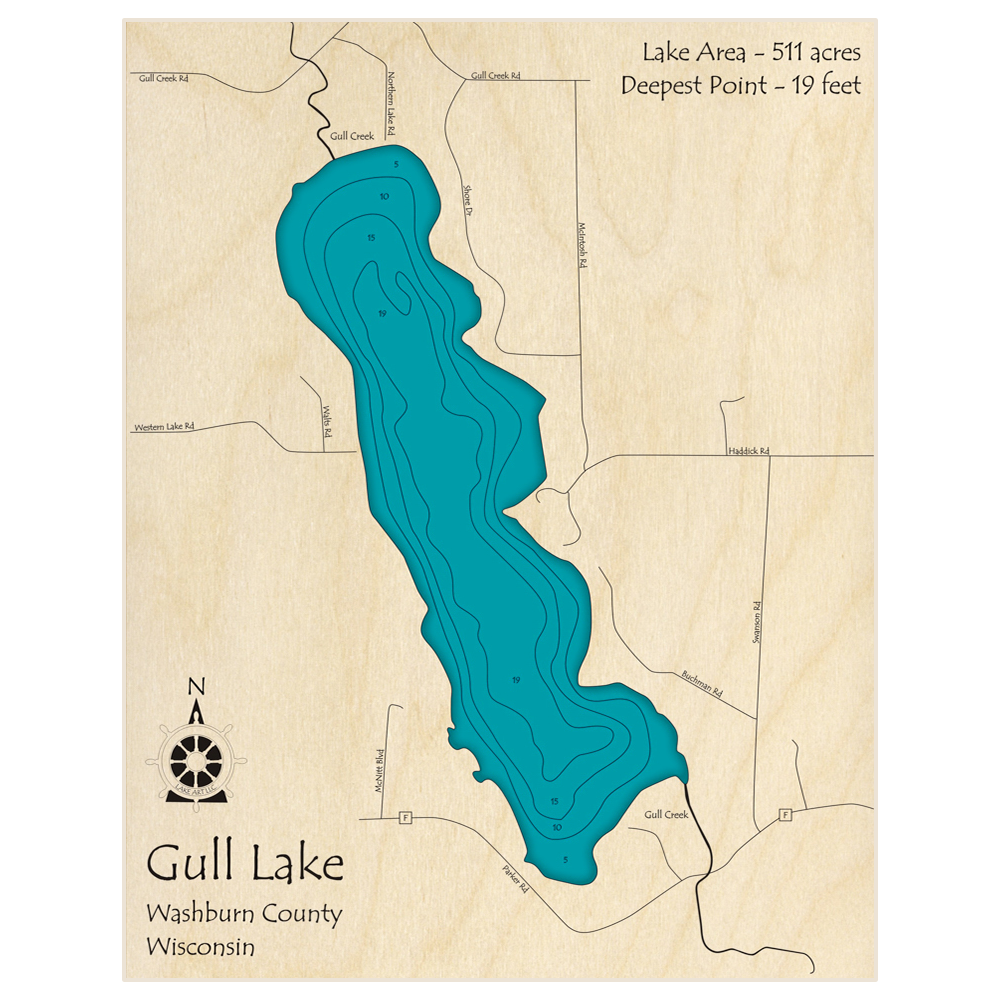 Bathymetric topo map of Gull Lake with roads, towns and depths noted in blue water
