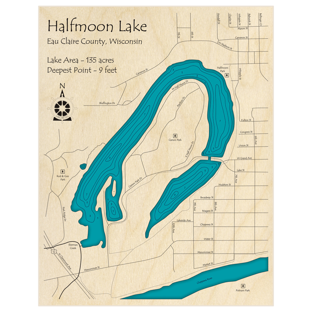 Bathymetric topo map of Halfmoon Lake with roads, towns and depths noted in blue water