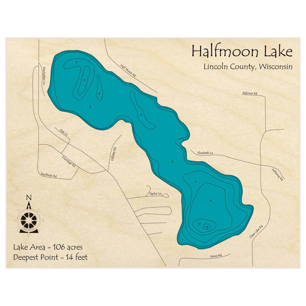 Bathymetric topo map of Halfmoon Lake with roads, towns and depths noted in blue water