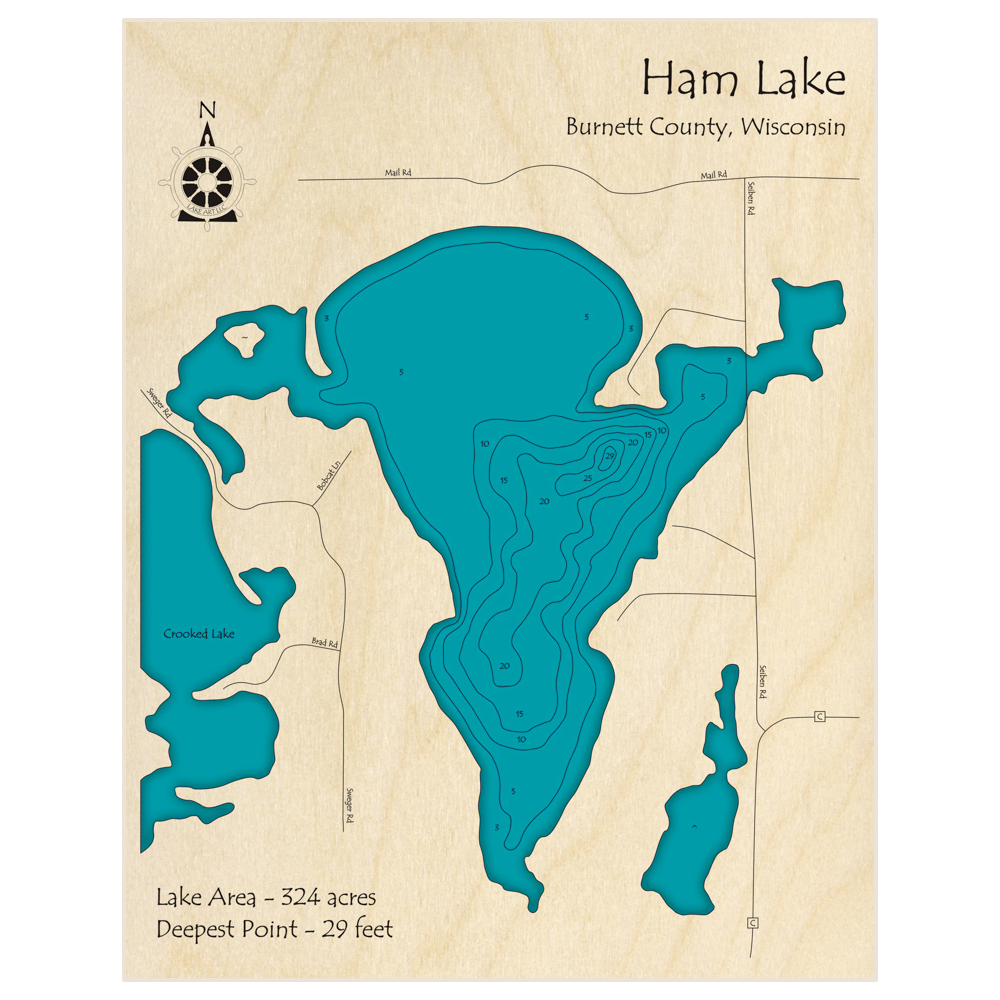 Bathymetric topo map of Ham Lake with roads, towns and depths noted in blue water