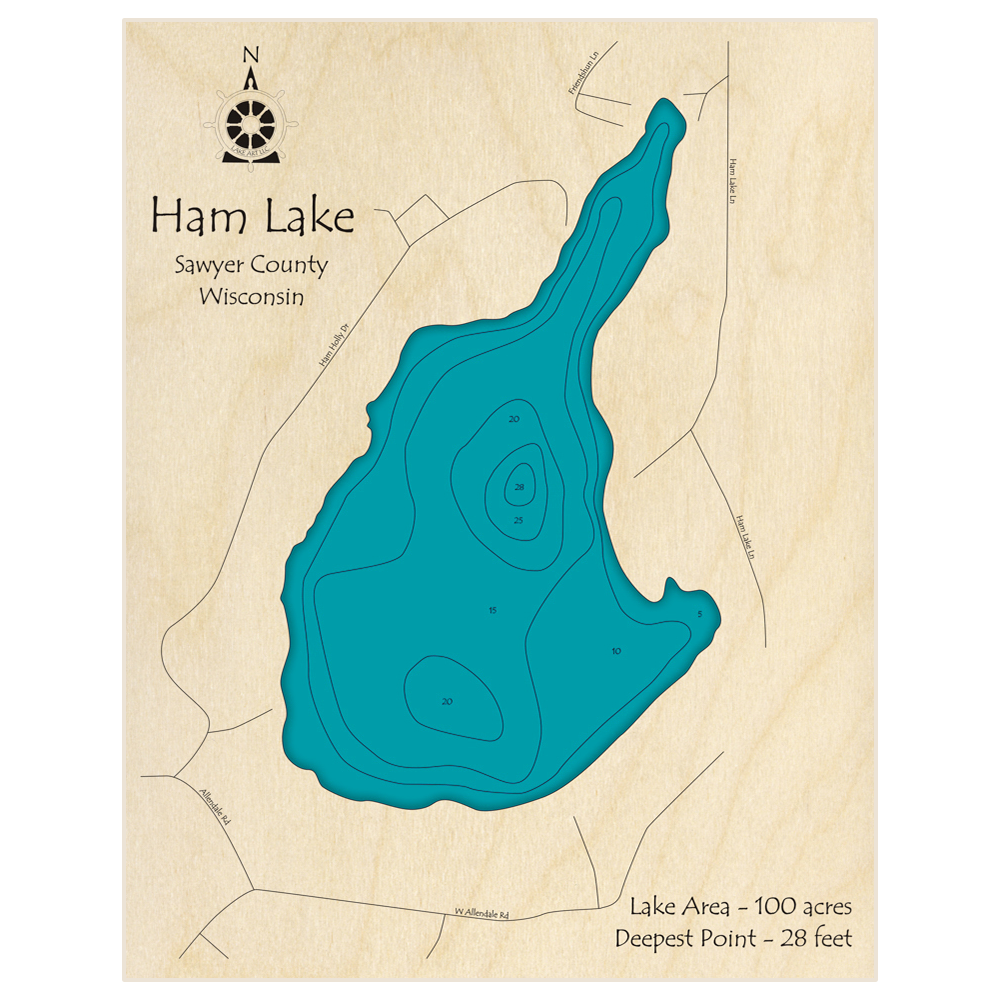 Bathymetric topo map of Ham Lake with roads, towns and depths noted in blue water